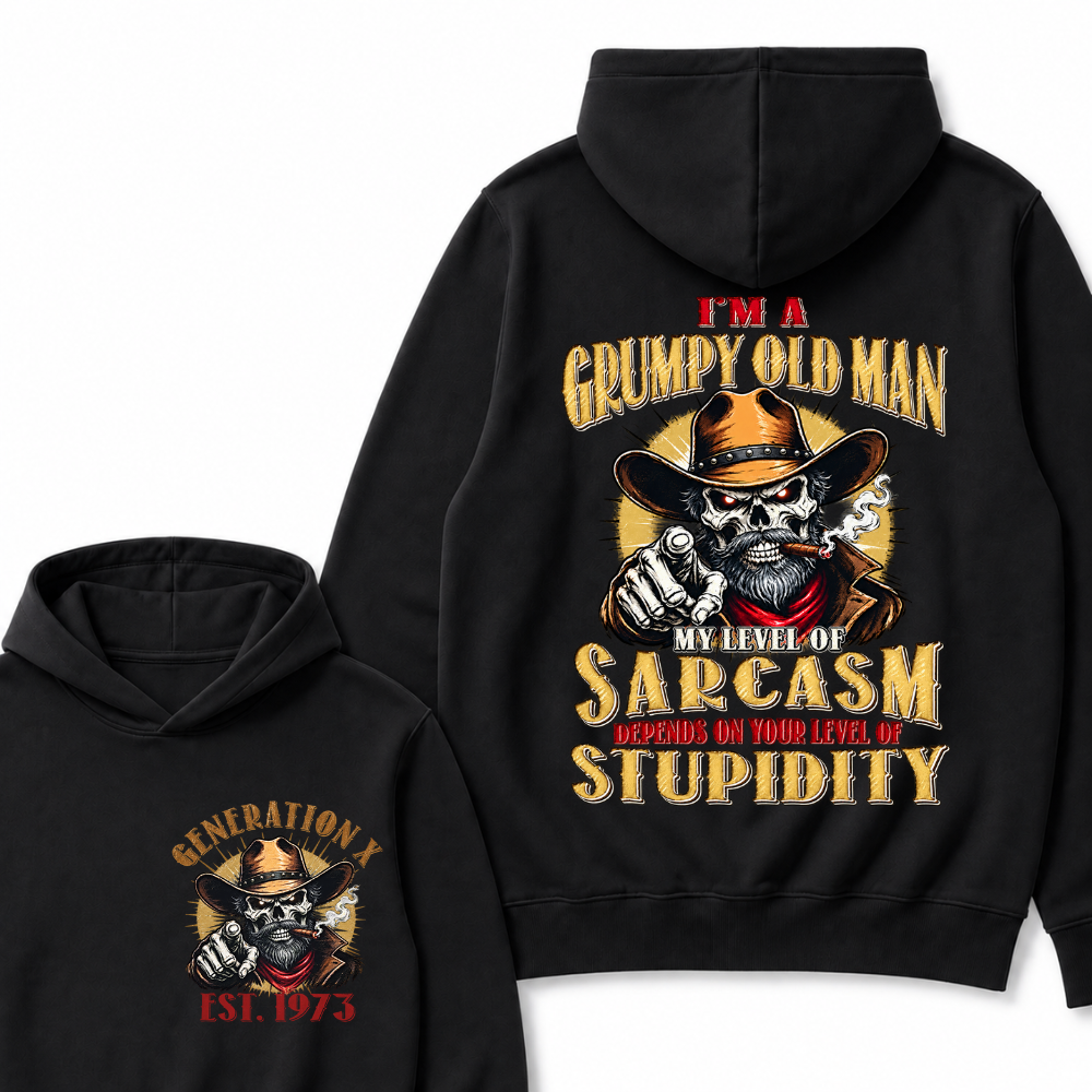 EST.YearI'm A Grumpy Old Man My Level Of Sarcasm Depends On Your Level Of Stupidity Cowboy Skull Graphic Hoodie, Funny Gen X Sarcastic Hooded Sweatshirt