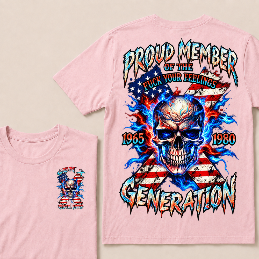 Gen X EST.Year Proud Member Of The Generation Fire Skull American Flag X Graphic T-Shirt
