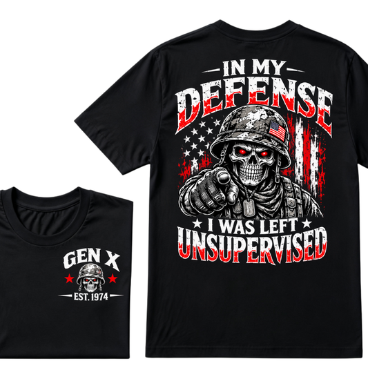 Gen X EST.Year In My Defense I Was Left Unsupervised Soldier Skull American Flag Graphic T-Shirt