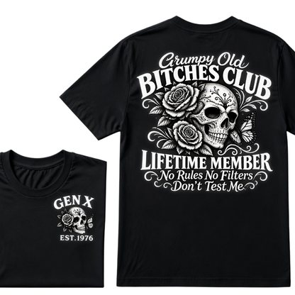 Grumpy Old Bitches Club Lifetime Member No Rules No Filters Don't Test Me EST.Year Sugar Skull Rose Butterfly Dual Sided T-shirt