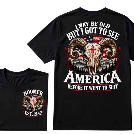 Boomer EST.Year Ram Skull American Flag I May Be Old But I Got To See America Vintage Graphic T-Shirt