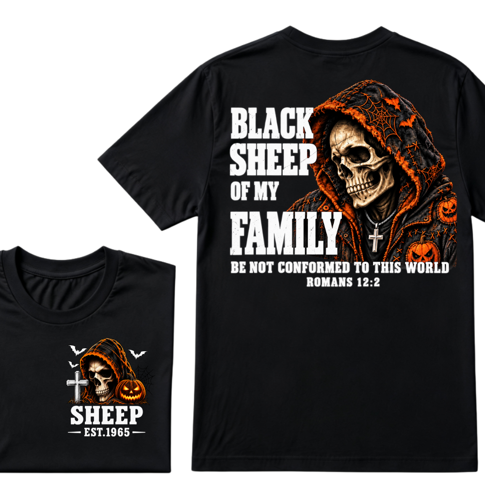 Black Sheep Of My Family Halloween Skull Hooded T-Shirt, Be Not Conformed To This World Romans 12:2 Christian EST.Year Pumpkin Bat Print Graphic Tee