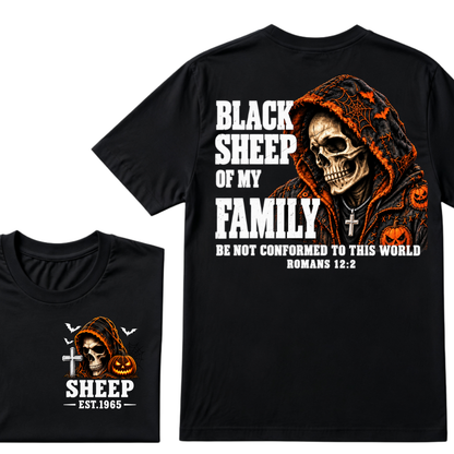 Black Sheep Of My Family Halloween Skull Hooded T-Shirt, Be Not Conformed To This World Romans 12:2 Christian EST.Year Pumpkin Bat Print Graphic Tee