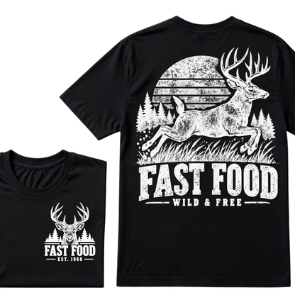 Fast Food Wild & Free Deer Hunting T-Shirt EST.Year Vintage Buck Hunter Forest Graphic Tee