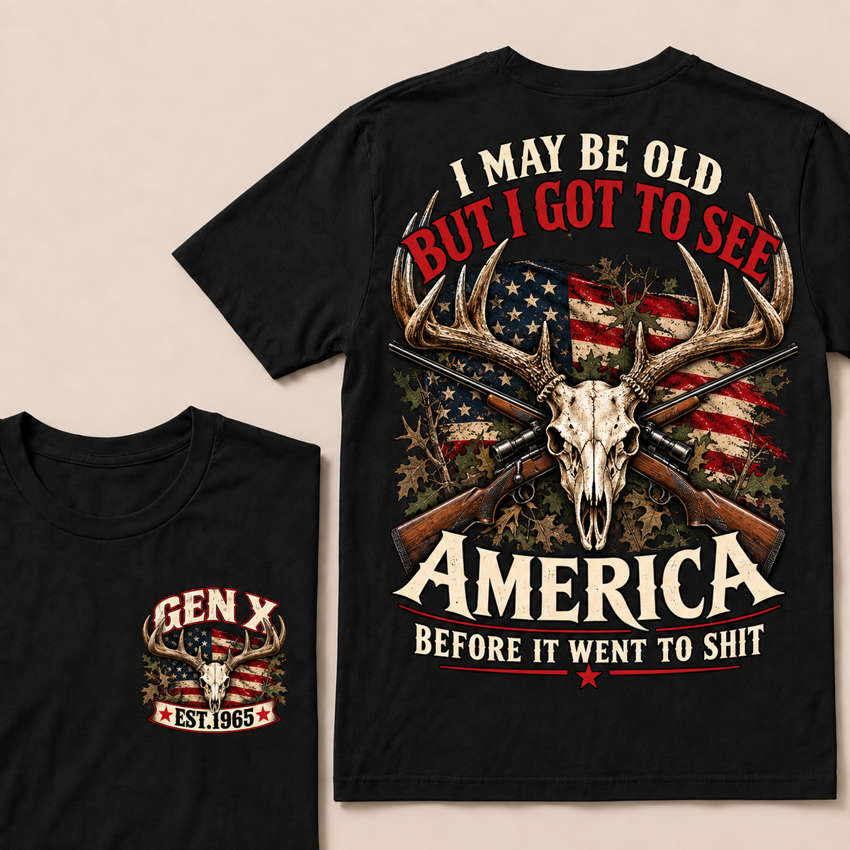 Funny Gen X Hunter T-Shirt, Vintage Deer Skull American Flag Tee, Retro 1965 Hunting Gift, Patriotic Hunter Shirt