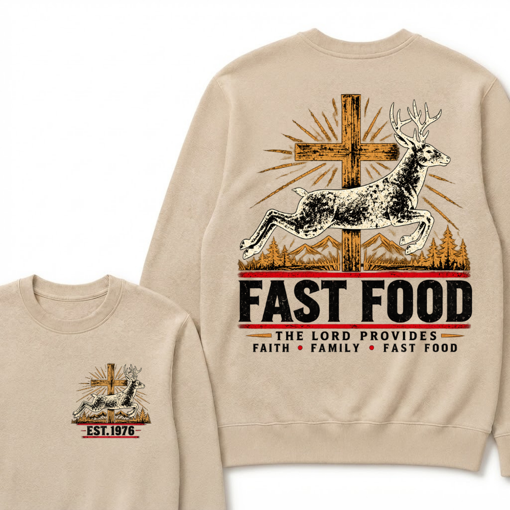 FAST FOOD – The Lord Provides | Faith, Family & Hunting Custom Year Sweatshirt