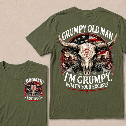 Grumpy Old Man I’m Grumpy What’s Your Excuse Boomer EST.Year Vintage Patriotic Graphic T‑Shirt