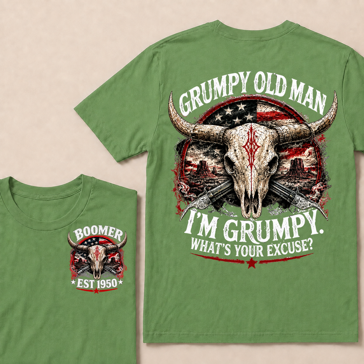 Grumpy Old Man I’m Grumpy What’s Your Excuse Boomer EST.Year Vintage Patriotic Graphic T‑Shirt