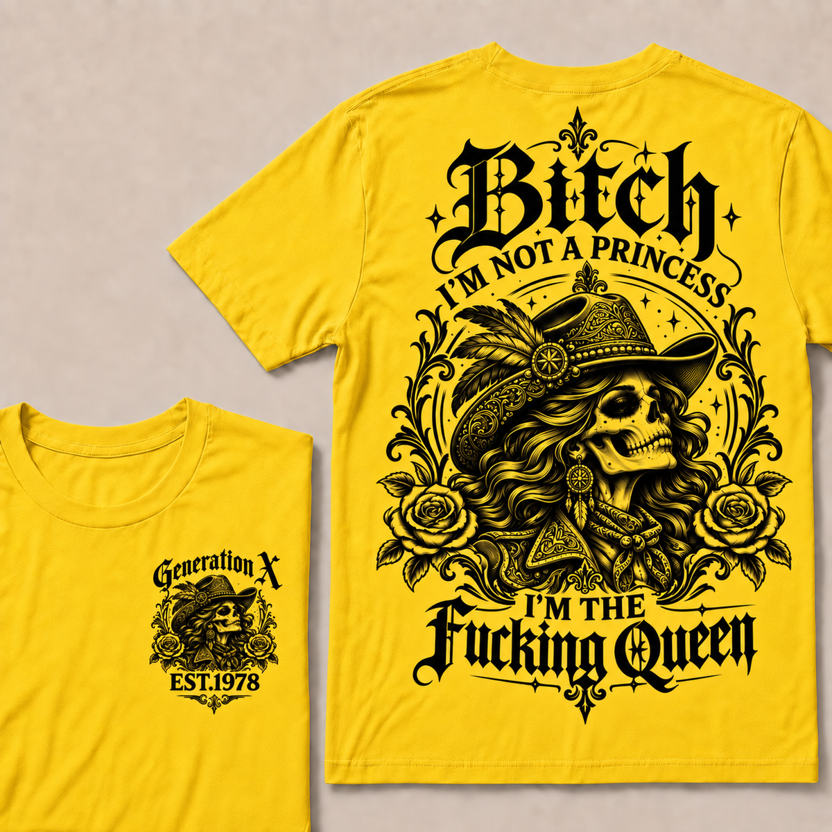 Funny Gen X Cowboy Queen T-Shirt, Western Gothic Skull Tee, Sarcastic Women's Shirt, Retro 1978 Gen X Gift, Not A Princess Tee