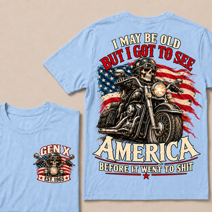 Funny Gen X Biker T-Shirt, Vintage Motorcycle Skull American Flag Tee, Retro 1965 Gen X Gift, Patriotic Biker Shirt