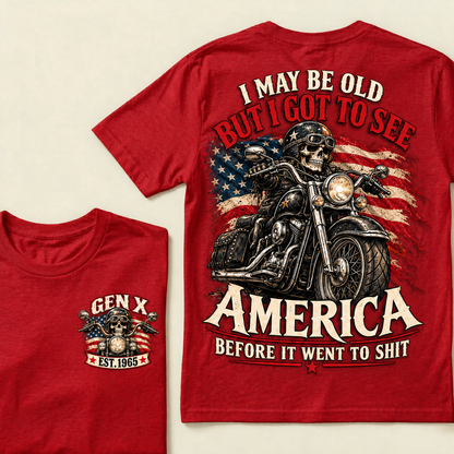 Funny Gen X Biker T-Shirt, Vintage Motorcycle Skull American Flag Tee, Retro 1965 Gen X Gift, Patriotic Biker Shirt