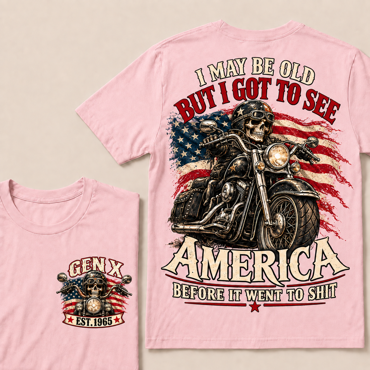 Funny Gen X Biker T-Shirt, Vintage Motorcycle Skull American Flag Tee, Retro 1965 Gen X Gift, Patriotic Biker Shirt