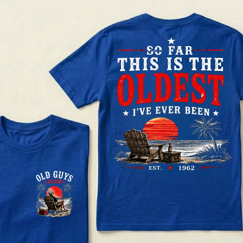 🌅 "Old Guys Club" Vintage Beach Birthday Commemorative Graphic T-Shirt
