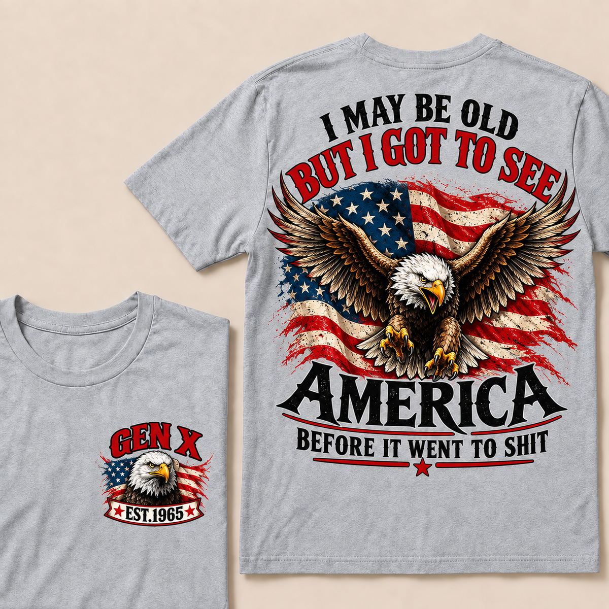 Funny Gen X Eagle T-Shirt, Vintage American Flag Patriotic Tee, Retro 1965 Gen X Gift, USA Bald Eagle Shirt