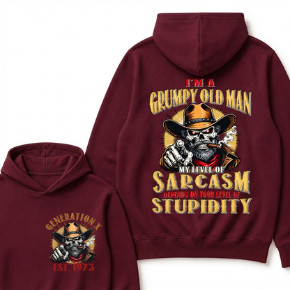 EST.YearI'm A Grumpy Old Man My Level Of Sarcasm Depends On Your Level Of Stupidity Cowboy Skull Graphic Hoodie, Funny Gen X Sarcastic Hooded Sweatshirt