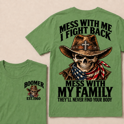Mess With Me I Fight Back Custom Year Boomer Cowboy Skull American Flag Bandana T-Shirt