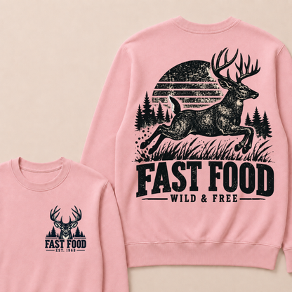 EST.Year Fast Food Wild & Free Vintage Deer Hunting Sunset Forest Graphic Sweatshirt