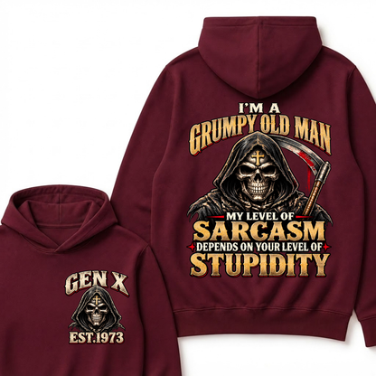 EST.YearI'm A Grumpy Old Man My Level Of Sarcasm Depends On Your Level Of Stupidity Grim Reaper Skull Graphic Hoodie, Funny Gen X Sarcastic Hooded Sweatshirt
