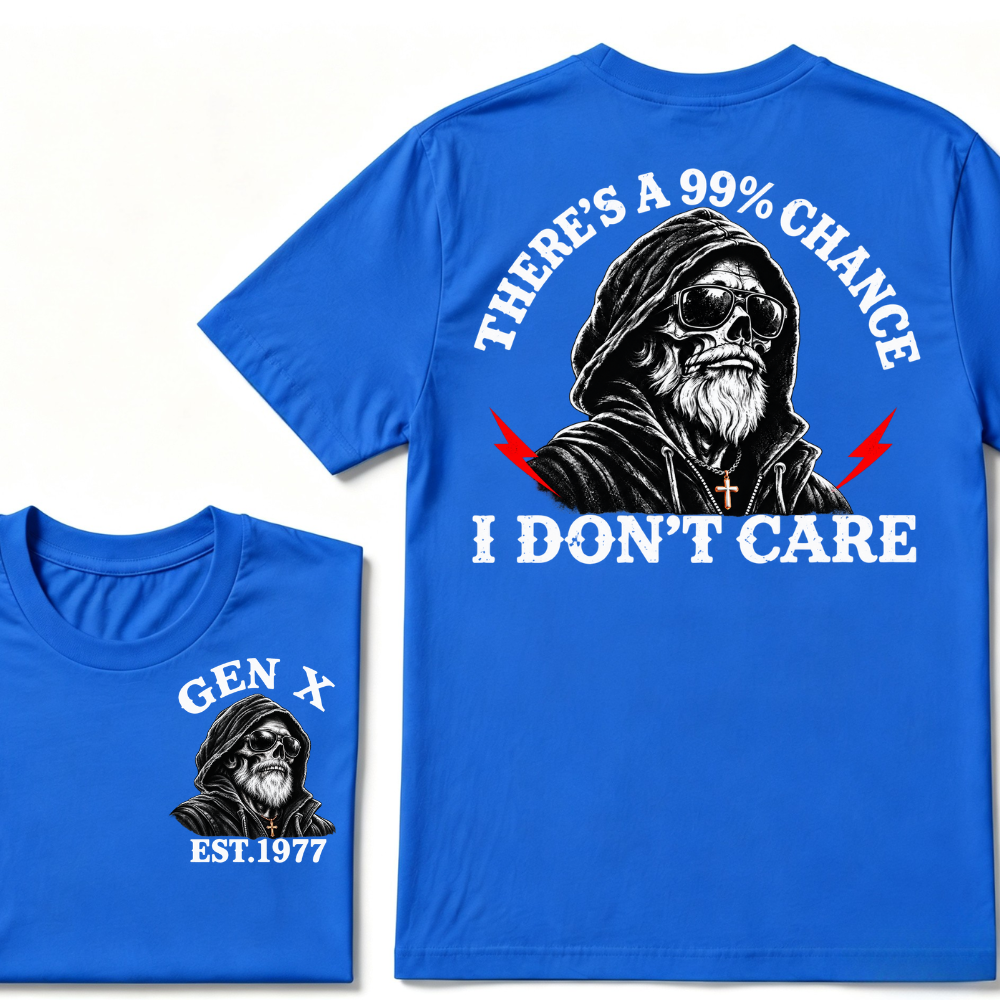 Gen X EST.Year There's A 99% Chance I Don't Care Bearded Skull Hooded Graphic T-Shirt