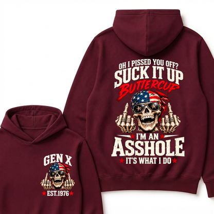 EST.YearOh I Pissed You Off Suck It Up Buttercup I'm An Asshole It's What I Do American Flag Skull Graphic Hoodie, Funny Gen X Sarcastic Hooded Sweatshirt