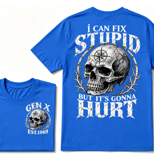 Gen X EST.Year Skull Compass I Can Fix Stupid But It's Gonna Hurt Vintage Graphic T-Shirt