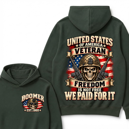 UNITED STATES OF AMERICA VETERAN FREEDOM IS NOT FREE WE PAID FOR IT EST.Year  Skull Hoodie
