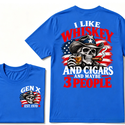 Gen X EST.Year I Like Whiskey And Cigars And Maybe 3 People Cowboy Skull American Flag Graphic T-Shirt