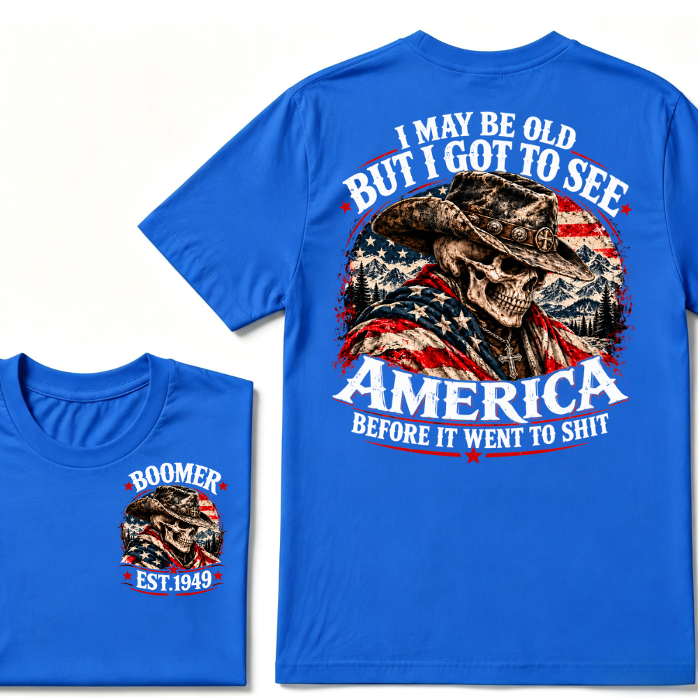 Boomer EST.Year Cowboy Skull American Flag I May Be Old But I Got To See America Vintage Graphic T-Shirt