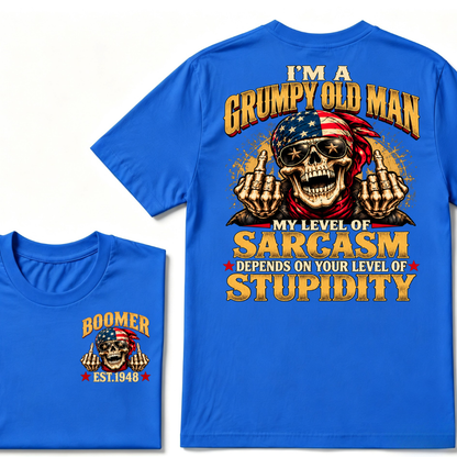 EST.Year I'm A Grumpy Old Man My Level Of Sarcasm Depends On Your Level Of Stupidity American Flag Skull Graphic T-Shirt