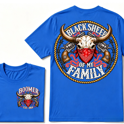 Black Sheep Of My Family EST.Year Vintage Longhorn Skull With Revolvers Western T-Shirt