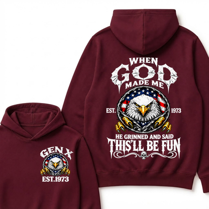 When God Made Me He Grinned And Said This’ll Be Fun EST.Year Vintage Eagle Graphic Hoodie