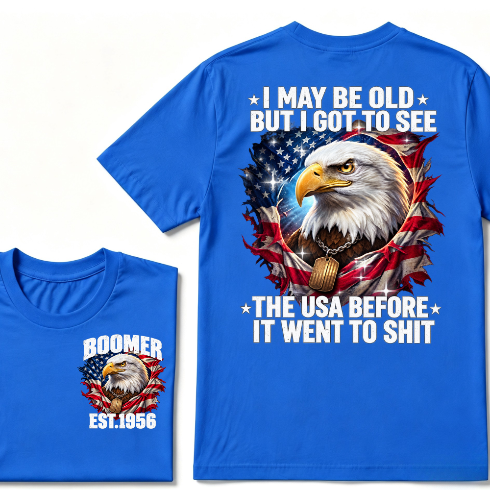 Boomer EST.Year I May Be Old But I Got To See America Longhorn Skull Retro Patriotic Eagle T-shirt