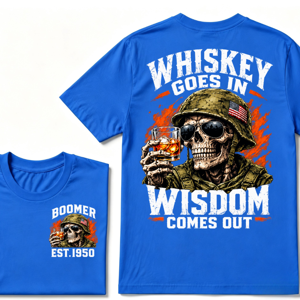 Boomer EST.Year Soldier Skull Whiskey Goes In Wisdom Comes Out American Flag Graphic T-Shirt
