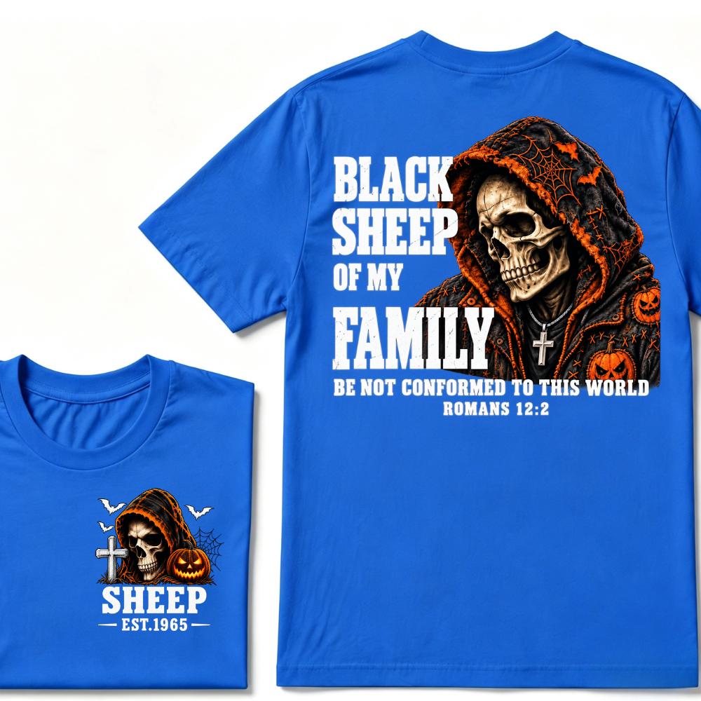 Black Sheep Of My Family Halloween Skull Hooded T-Shirt, Be Not Conformed To This World Romans 12:2 Christian EST.Year Pumpkin Bat Print Graphic Tee