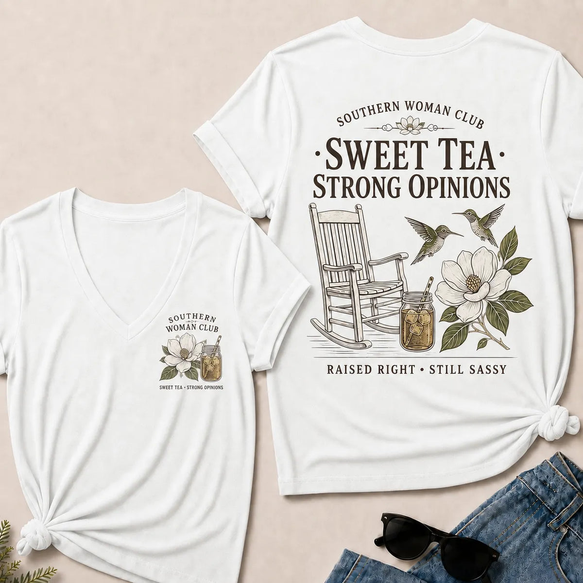Southern Woman Club Sweet Tea Strong Opinions V-Neck T-shirts– Vintage Magnolia Graphic  V-Neck T-shirts For Southern Women