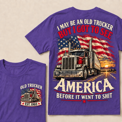 Funny Old Trucker American Flag T-Shirt, Vintage Semi Truck Driver Gift, Patriotic USA Big Rig Tee, Retro 1965 Trucker Shirt