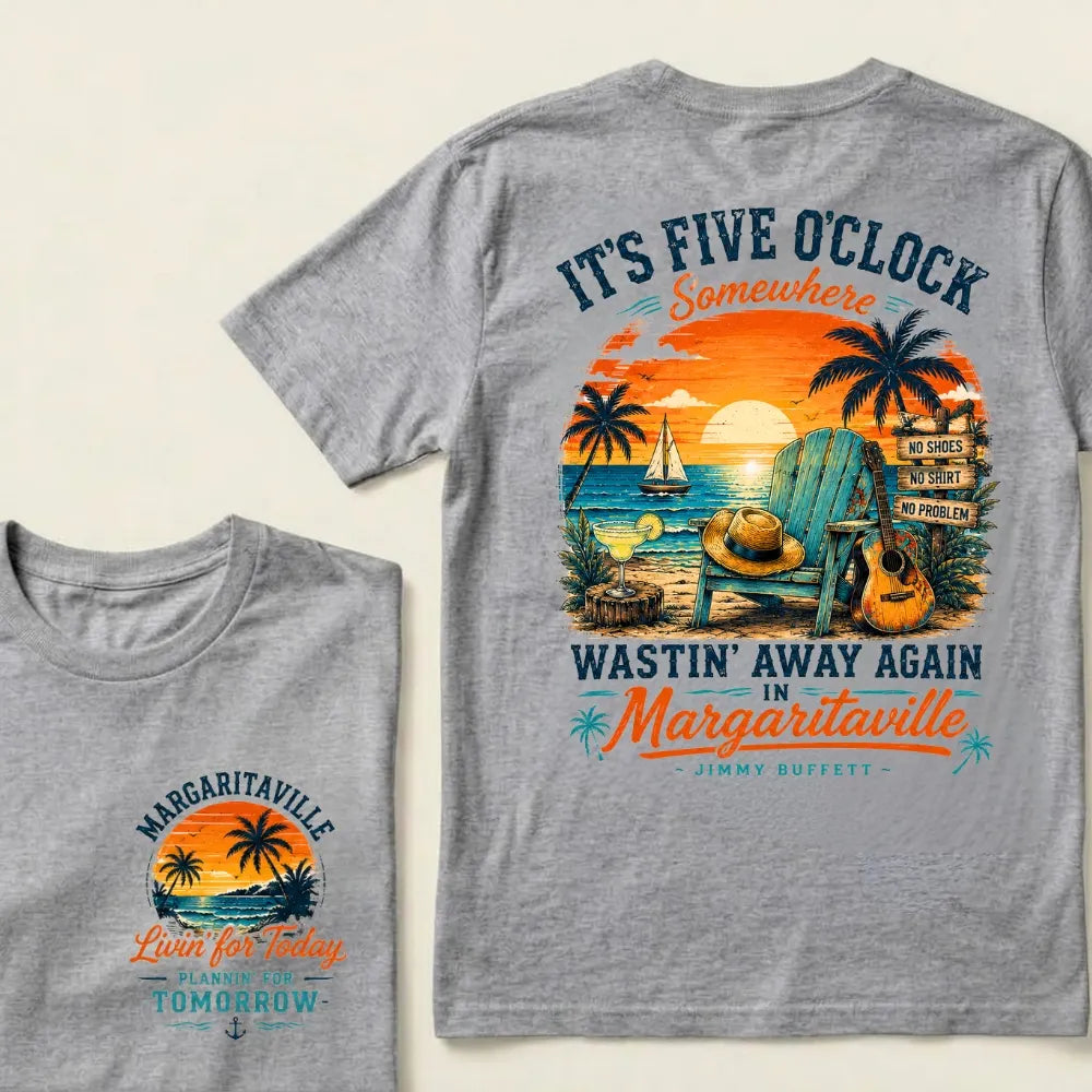 It's Five O'Clock Somewhere Wastin' Away Again In Margaritaville Parrot Guitar Sunset Beach No Shoes No Shirt No Problem Grap