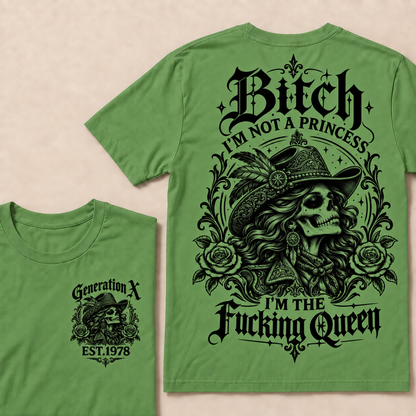 Funny Gen X Cowboy Queen T-Shirt, Western Gothic Skull Tee, Sarcastic Women's Shirt, Retro 1978 Gen X Gift, Not A Princess Tee