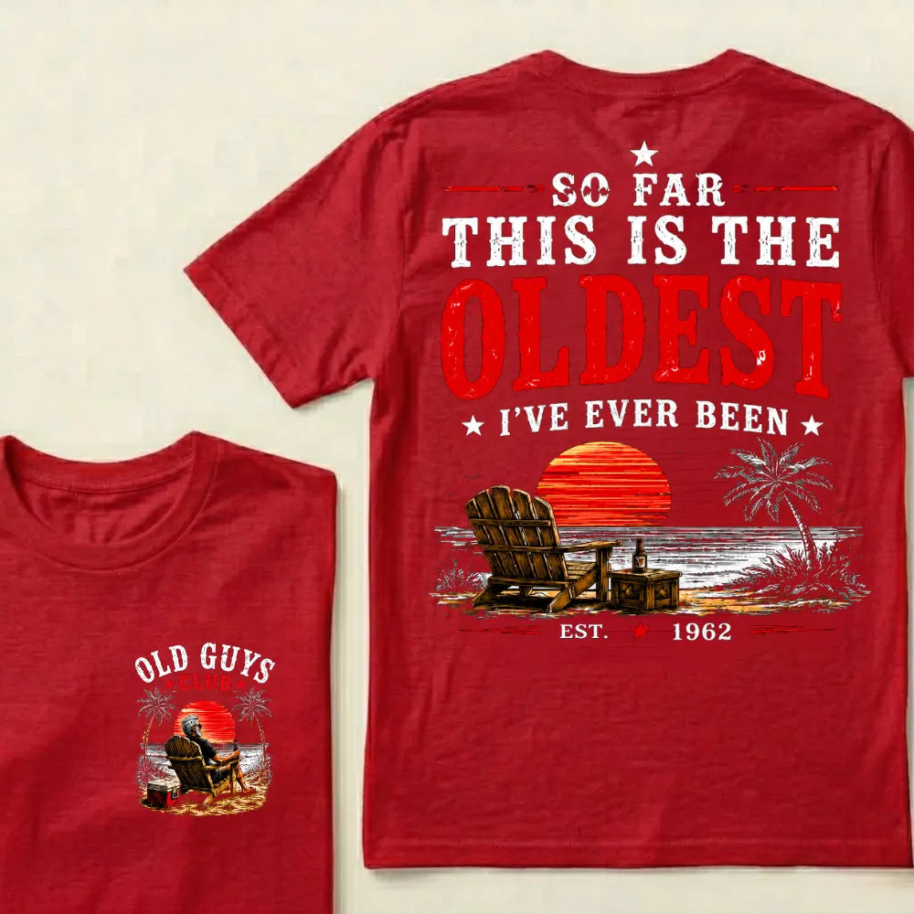 🌅 "Old Guys Club" Vintage Beach Birthday Commemorative Graphic T-Shirt