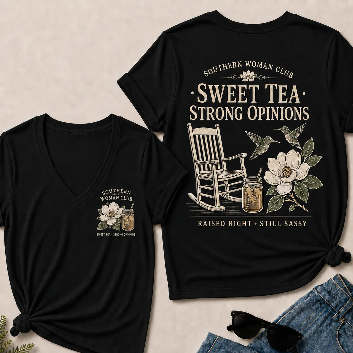 Southern Woman Club Sweet Tea Strong Opinions V-Neck T-shirts– Vintage Magnolia Graphic  V-Neck T-shirts For Southern Women