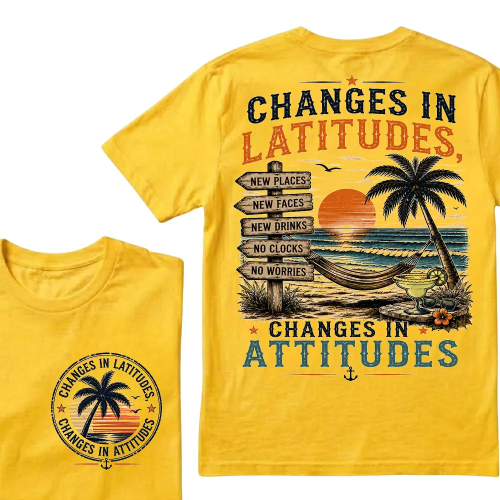 "Changes In Latitudes, Changes In Attitudes" Vintage Beach Crew Neck T-Shirt | No Clocks, No Worries Unisex Tee