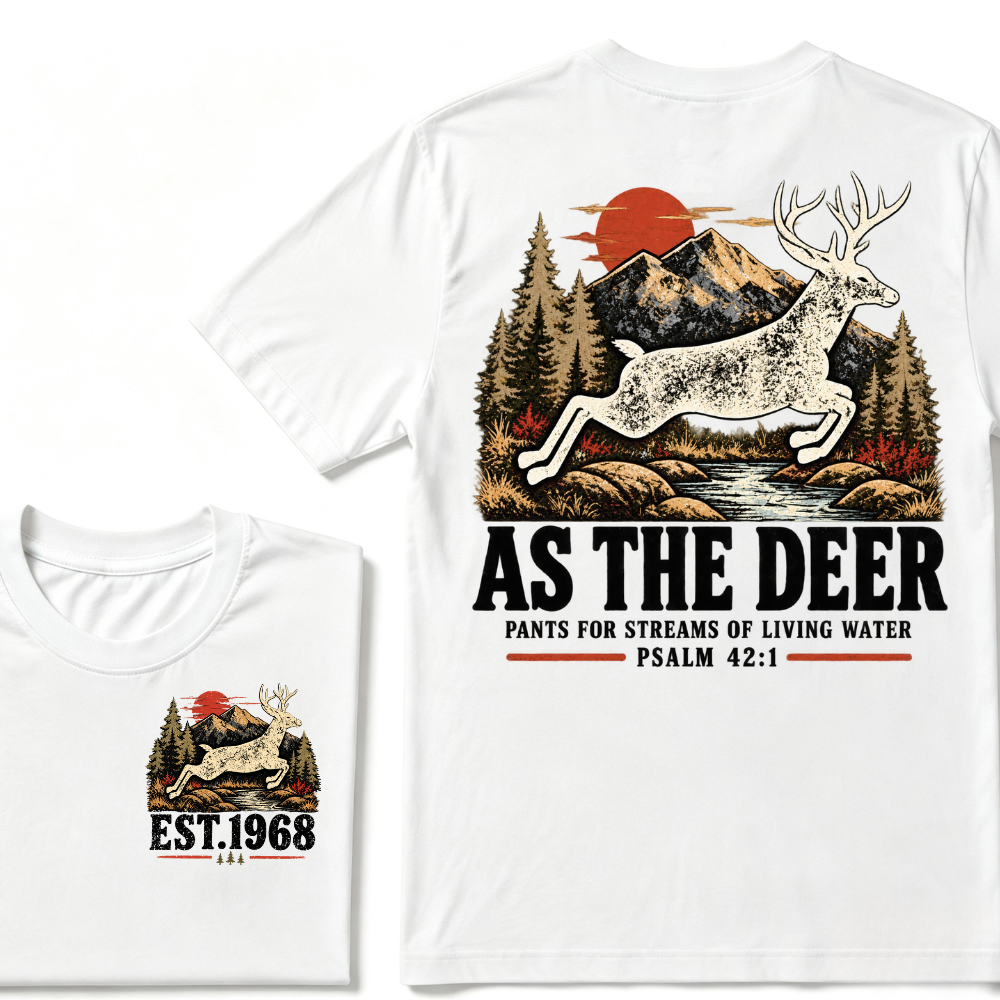 As The Deer Pants For Streams Of Living Water Psalm 42:1 Christian Deer Hunting Vintage Mountain EST.Year Graphic T-Shirt