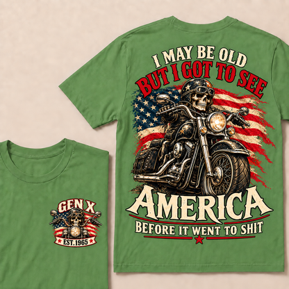 Funny Gen X Biker T-Shirt, Vintage Motorcycle Skull American Flag Tee, Retro 1965 Gen X Gift, Patriotic Biker Shirt