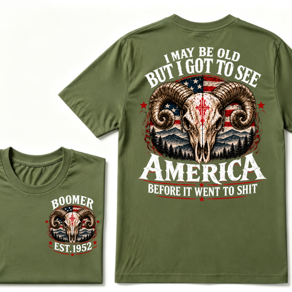 Boomer EST.Year Ram Skull American Flag I May Be Old But I Got To See America Vintage Graphic T-Shirt