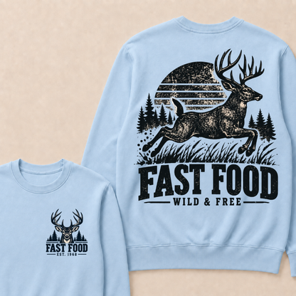 EST.Year Fast Food Wild & Free Vintage Deer Hunting Sunset Forest Graphic Sweatshirt