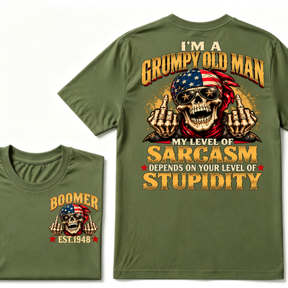 EST.Year I'm A Grumpy Old Man My Level Of Sarcasm Depends On Your Level Of Stupidity American Flag Skull Graphic T-Shirt