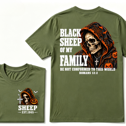 Black Sheep Of My Family Halloween Skull Hooded T-Shirt, Be Not Conformed To This World Romans 12:2 Christian EST.Year Pumpkin Bat Print Graphic Tee