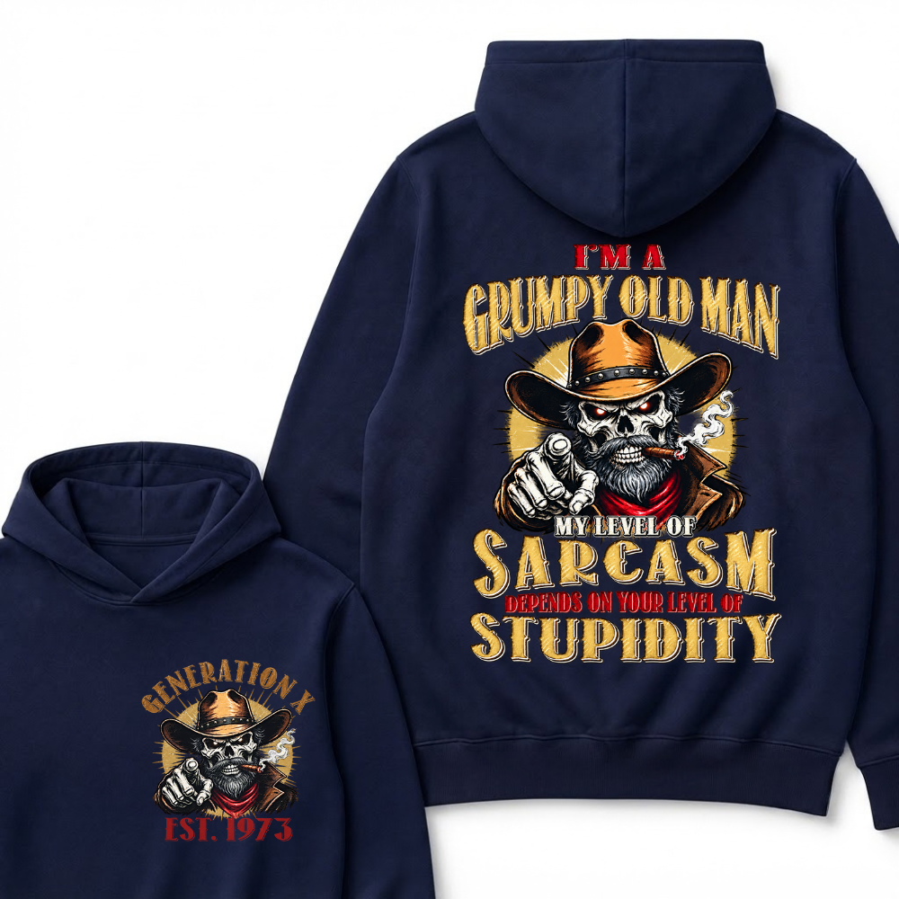 EST.YearI'm A Grumpy Old Man My Level Of Sarcasm Depends On Your Level Of Stupidity Cowboy Skull Graphic Hoodie, Funny Gen X Sarcastic Hooded Sweatshirt