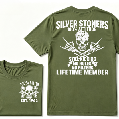 💀 SILVER STONERS: 100% Attitude, Est. Year Apparel T-shirt