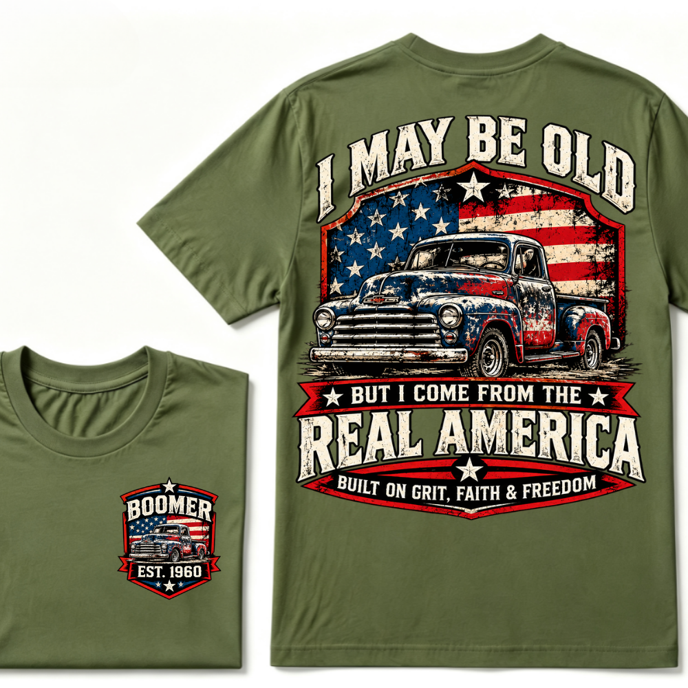 I May Be Old But I Come From The Real America Built On Grit Faith & Freedom EST.Year Vintage Graphic Tee